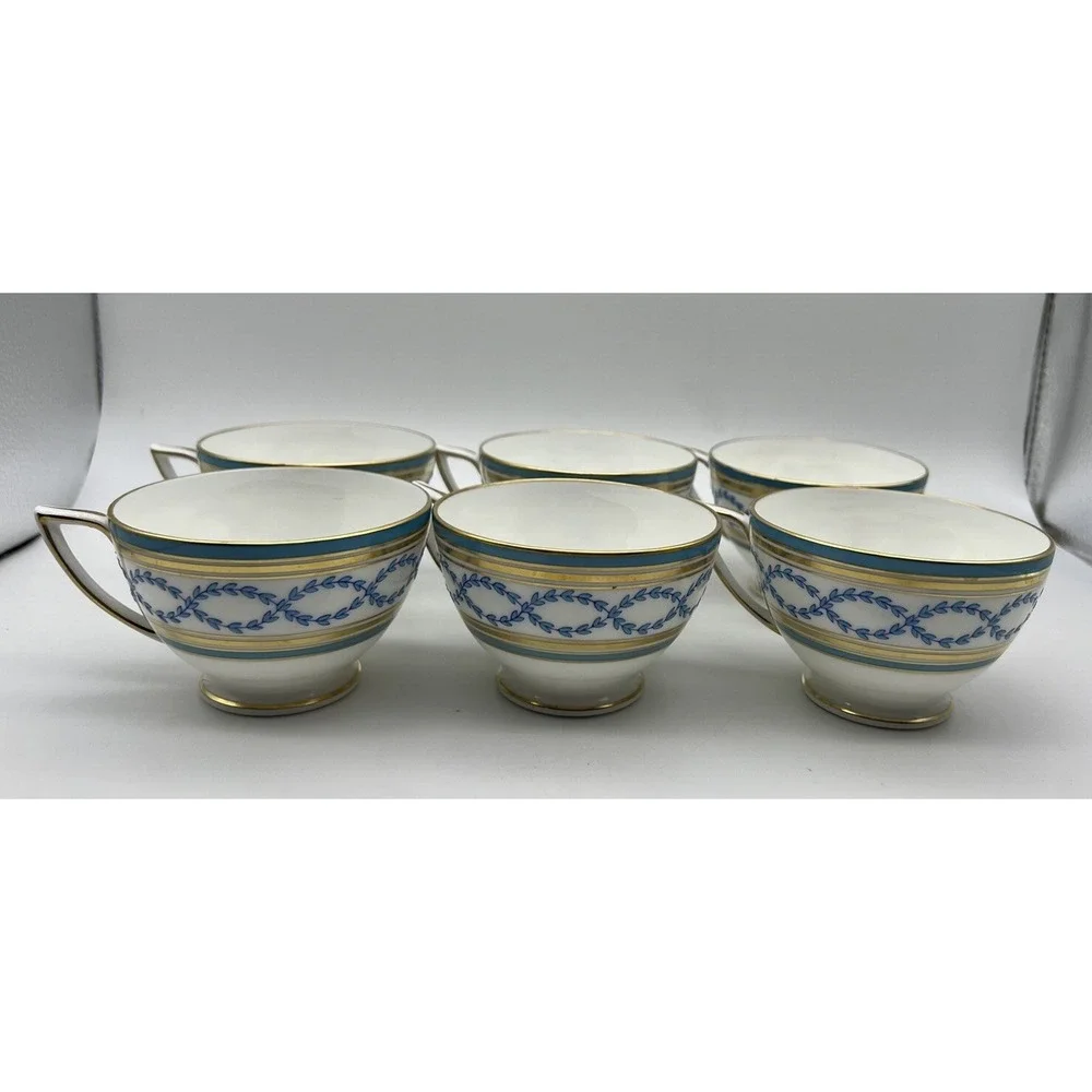 Vintage Minton Antoinette Aqua Raised Pattern Blue Turquoise & Gold 6 Cups ONLY